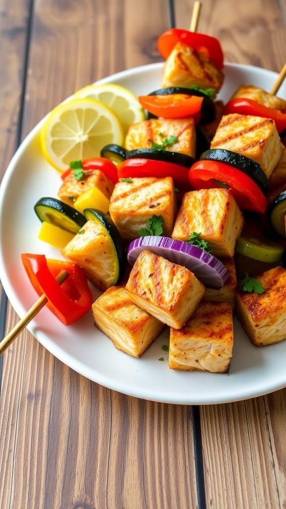 Air Fryer Salmon Kebabs Recipe Air fryer salmon kebabs with bell peppers, zucchini, and red onion on a plate, garnished with herbs and lemon.